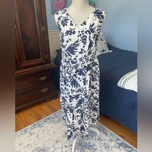 Magaschoni Floral Linen Midi Dress-Size 6-White/Navy